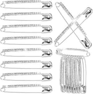 10pcs Rhinestone Safety Pins, Sparkly Rhinestone Decorative Pins for Clothing, Classic Crystal Brooch for Scarf Shawl Jeans Sweaters Dresses- Silver