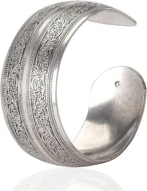1Pc Silver Tibeten Silver Carved Spiral Flower Connecting Branches Pattern Wide Band Open Cuff Bracelet Bangle Size adjustable Cuff Bracelets for Women