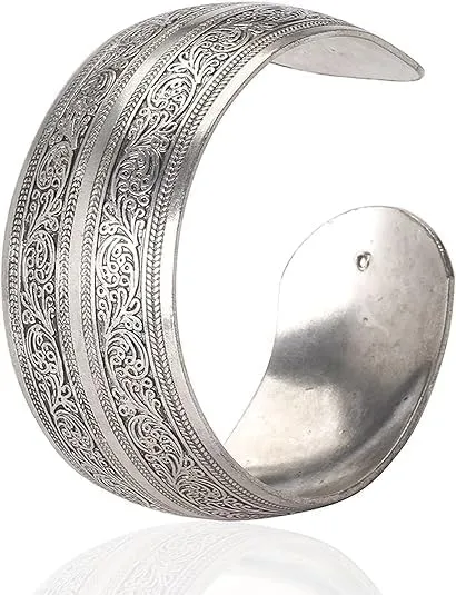 1Pc Silver Tibeten Silver Carved Spiral Flower Connecting Branches Pattern Wide Band Open Cuff Bracelet Bangle Size adjustable Cuff Bracelets for Women
