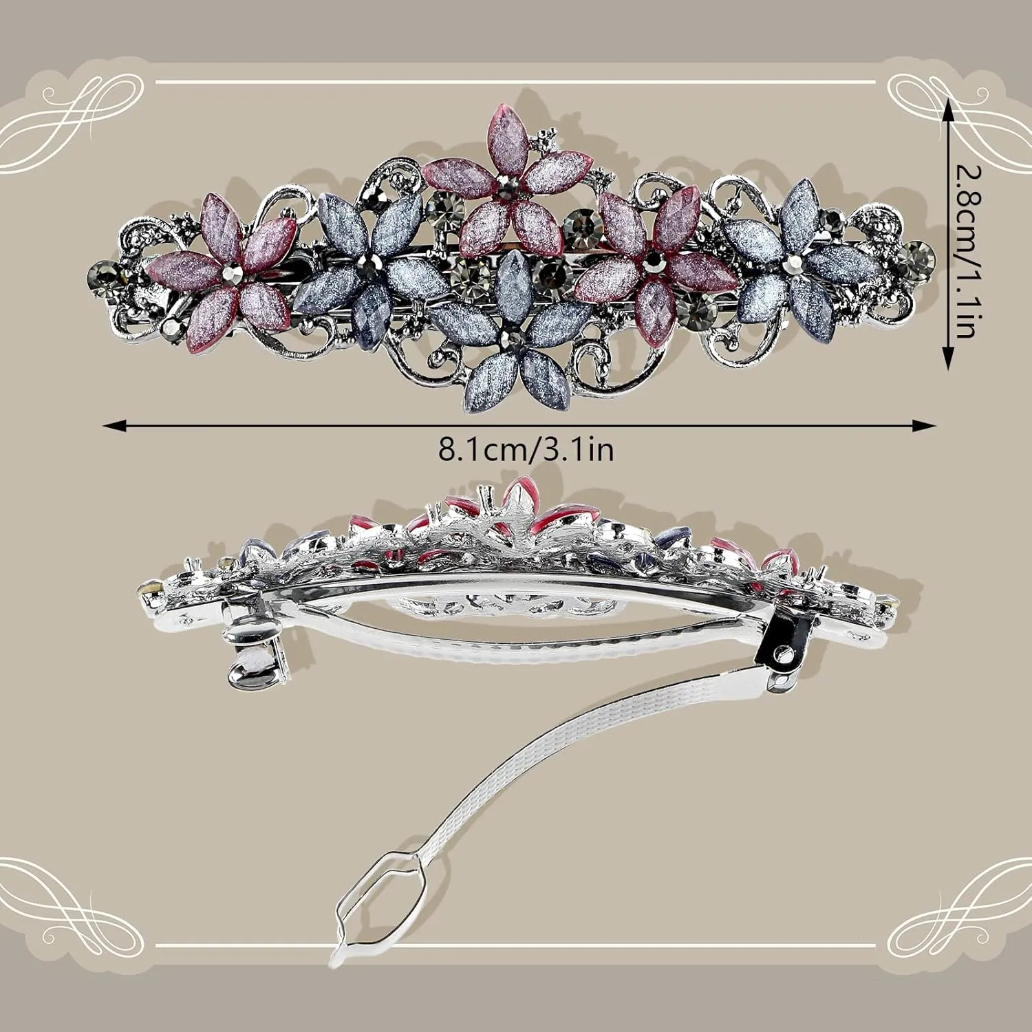 2 PCS Elegant Rhinestone Barrettes: Sparkly Glitter Flower Hairpins in Vintage French Style for Women and Girls (blue pink, black blue)