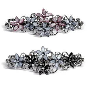 2 PCS Elegant Rhinestone Barrettes: Sparkly Glitter Flower Hairpins in Vintage French Style for Women and Girls (blue pink, black blue)