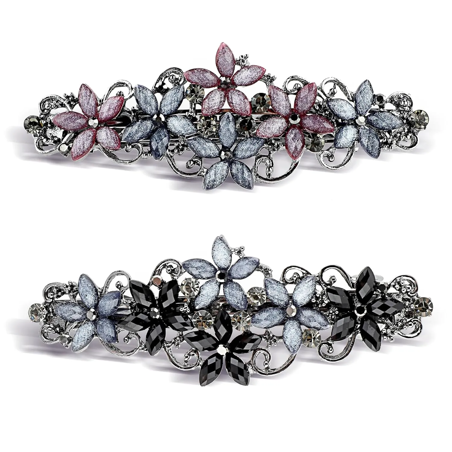 2 PCS Elegant Rhinestone Barrettes: Sparkly Glitter Flower Hairpins in Vintage French Style for Women and Girls (blue pink, black blue)