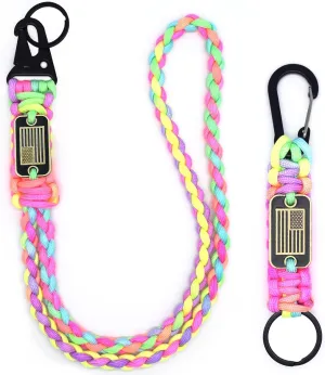2 Pcs Heavy Duty Braided Paracord Lanyard Keychain with USA Flag, Parachute Rope Necklace Keychains, Braided Strong Lanyard for Outdoor Activities, Camera, Keys, Whistle, Traveling