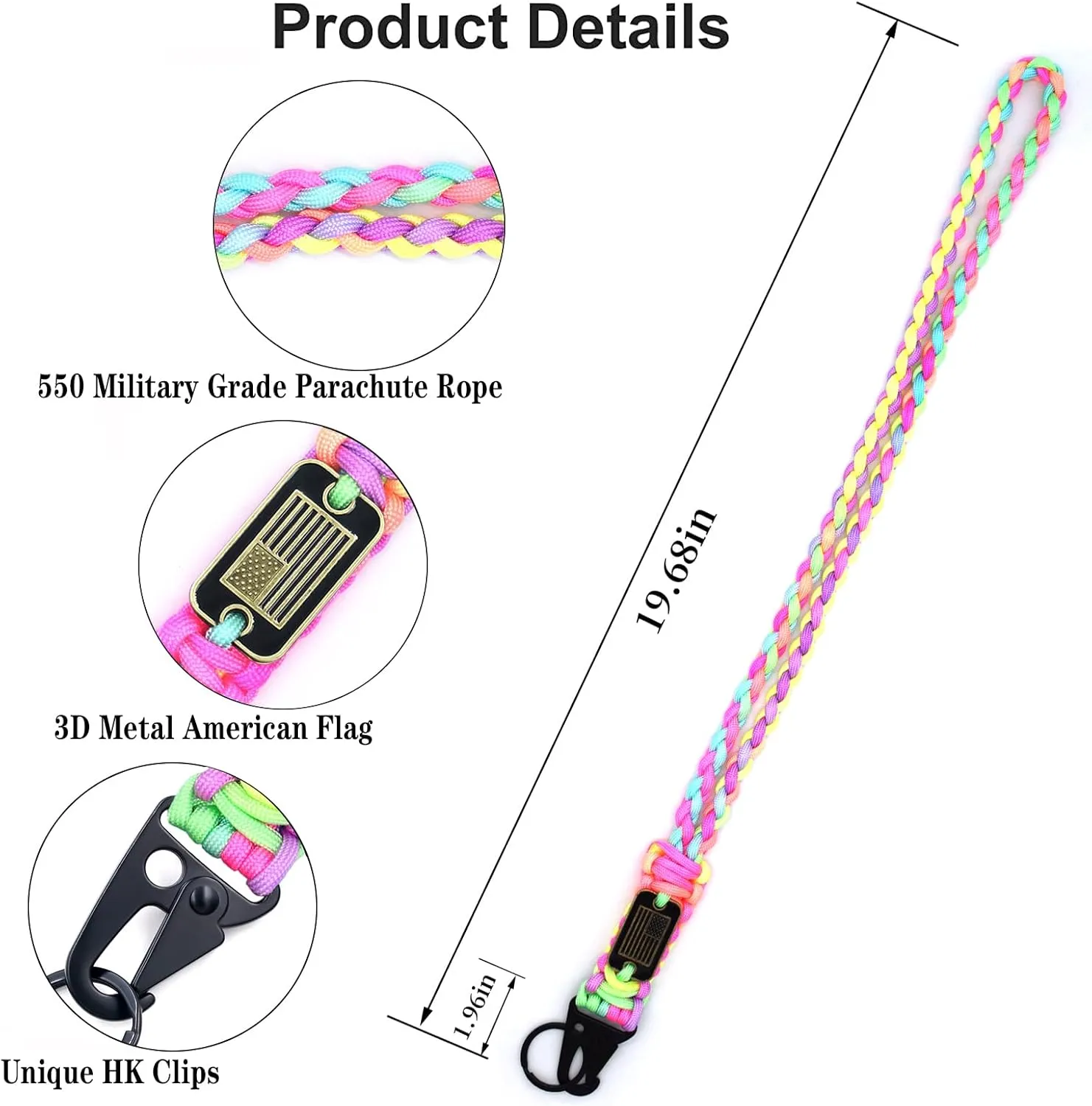 2 Pcs Heavy Duty Braided Paracord Lanyard Keychain with USA Flag, Parachute Rope Necklace Keychains, Braided Strong Lanyard for Outdoor Activities, Camera, Keys, Whistle, Traveling