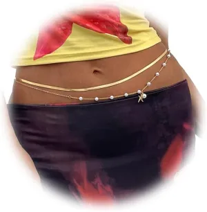 2 Pcs Pearl Bikini Body Chains Dainty Waist Chain Boho Layered Summer Beach Starfish Belly Jewerly for Women Sexy Gold Chain