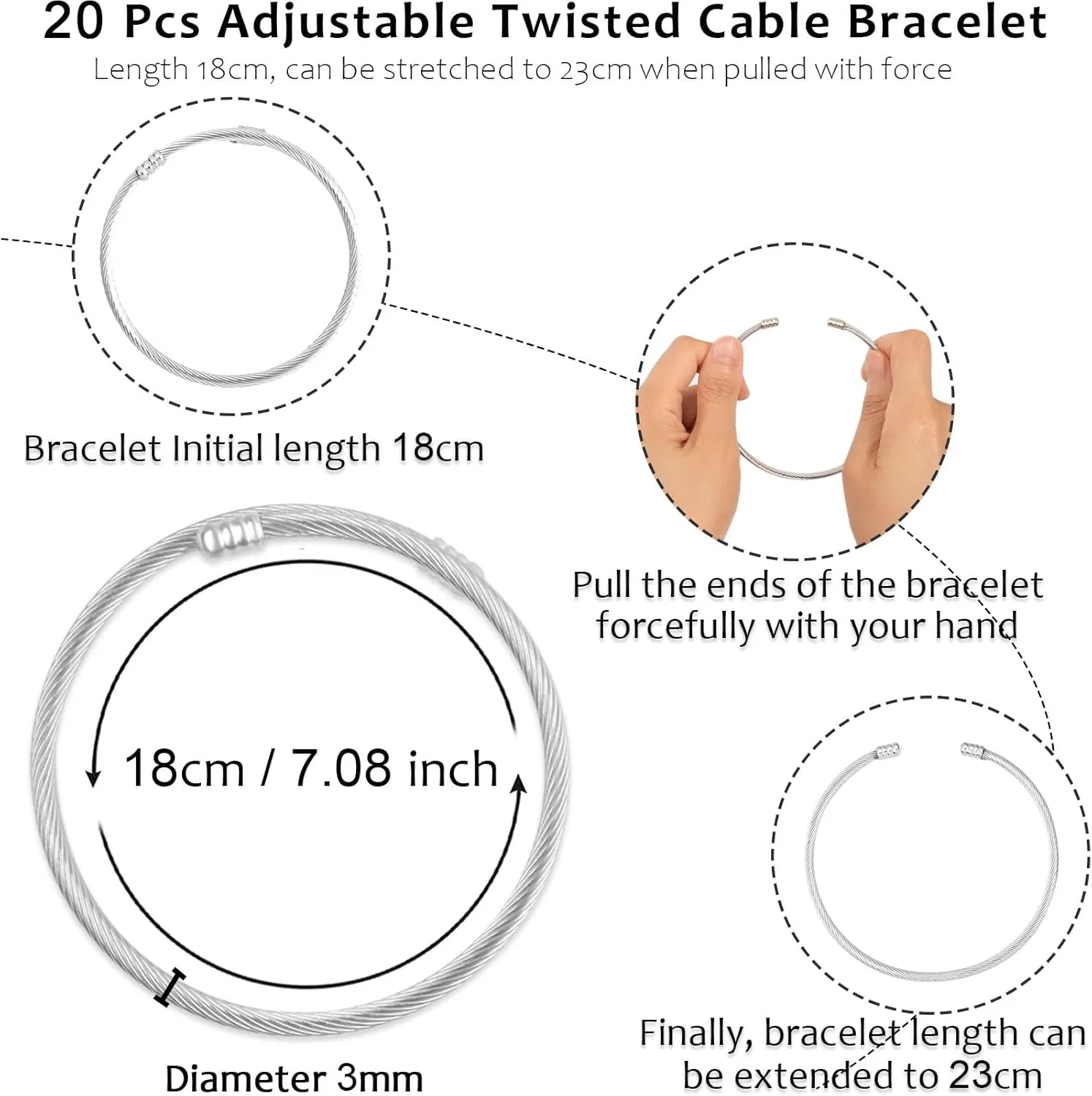 20 Pieces Twisted Cable Wire Bracelet Stylish Fine Stainless Steel Open Cuff Bracelets Mixed 3mm Thin Adjustable Expandable Elastic Bangle Bracelets For Women Diy Jewelry Making Christmas Day Gift