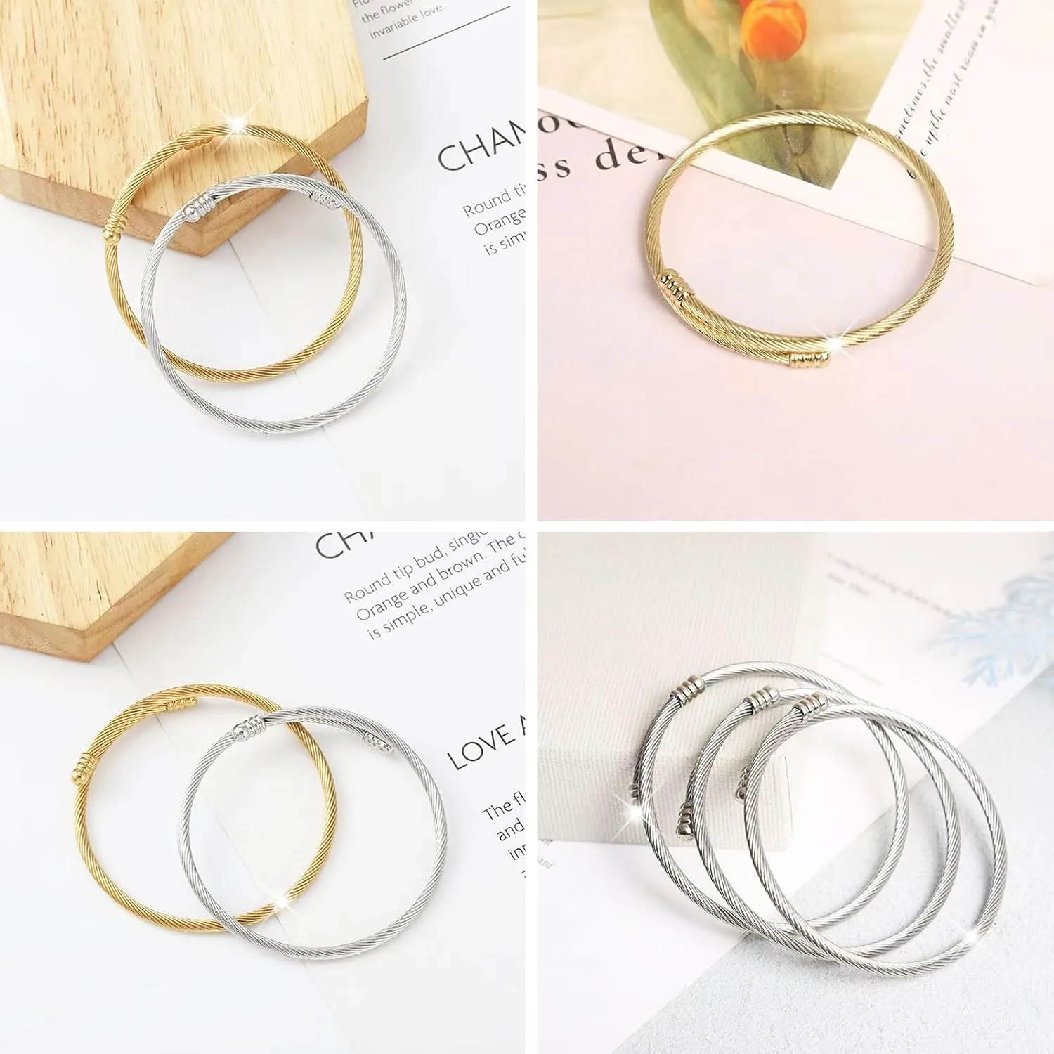 20 Pieces Twisted Cable Wire Bracelet Stylish Fine Stainless Steel Open Cuff Bracelets Mixed 3mm Thin Adjustable Expandable Elastic Bangle Bracelets For Women Diy Jewelry Making Christmas Day Gift