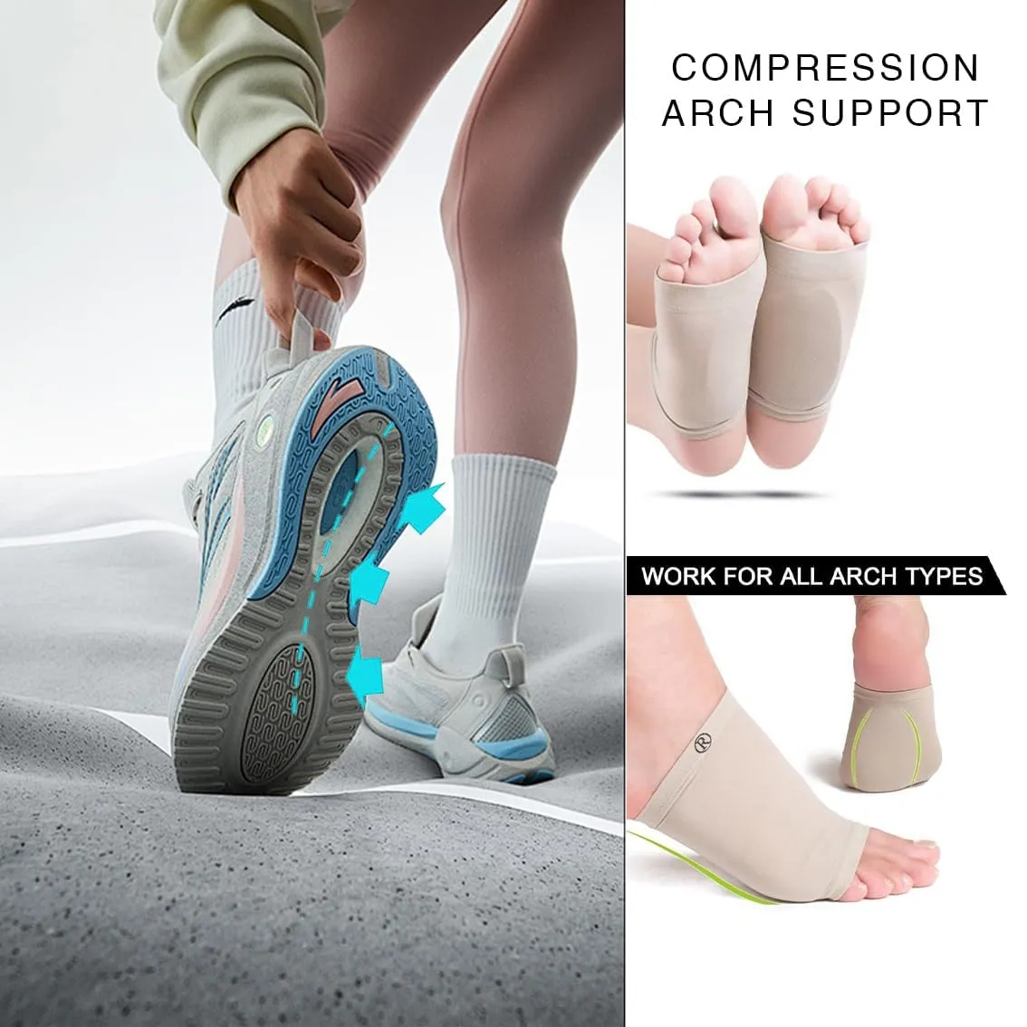 2Pcs Arch Support Sleeve Bands, Compression Arch Support Brace, Cushioned Gel Foot Sleeves Gel Pad Inside for Flat Feet Plantar Fasciitis Foot Pain Relief Heel Spurs (Beige, One Size)