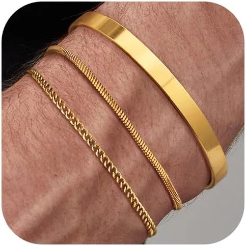 3 Pcs Cuff & Chain Bracelets Set for Men, Gold/Silver/Black Mens Stainless Steel Non Tarnish Bracelet 7-8.6 in Adjustable Box Chain Cuban Link Open Cuff Bracelets Stack for Mens Trendy Jewelry