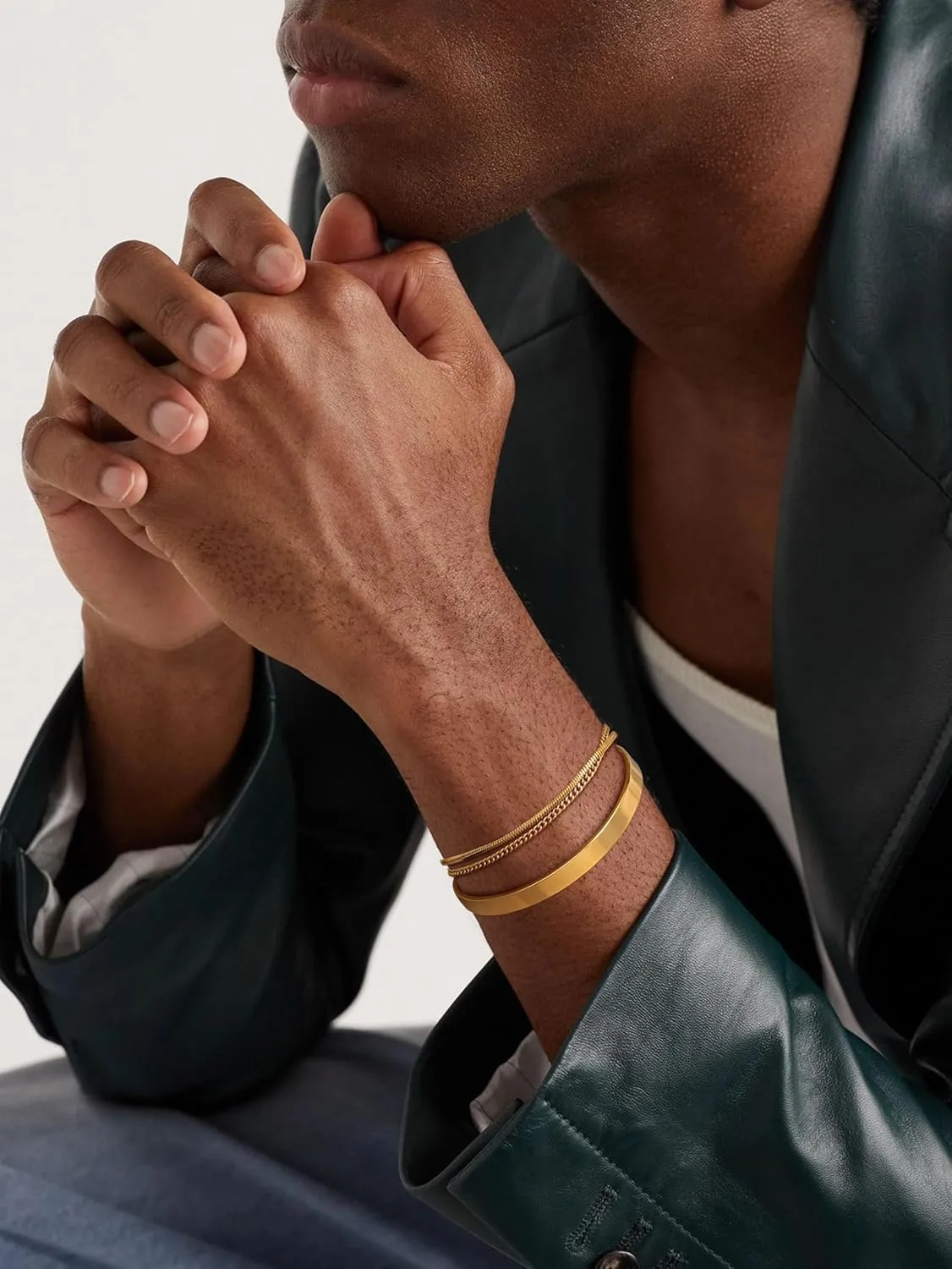 3 Pcs Cuff & Chain Bracelets Set for Men, Gold/Silver/Black Mens Stainless Steel Non Tarnish Bracelet 7-8.6 in Adjustable Box Chain Cuban Link Open Cuff Bracelets Stack for Mens Trendy Jewelry