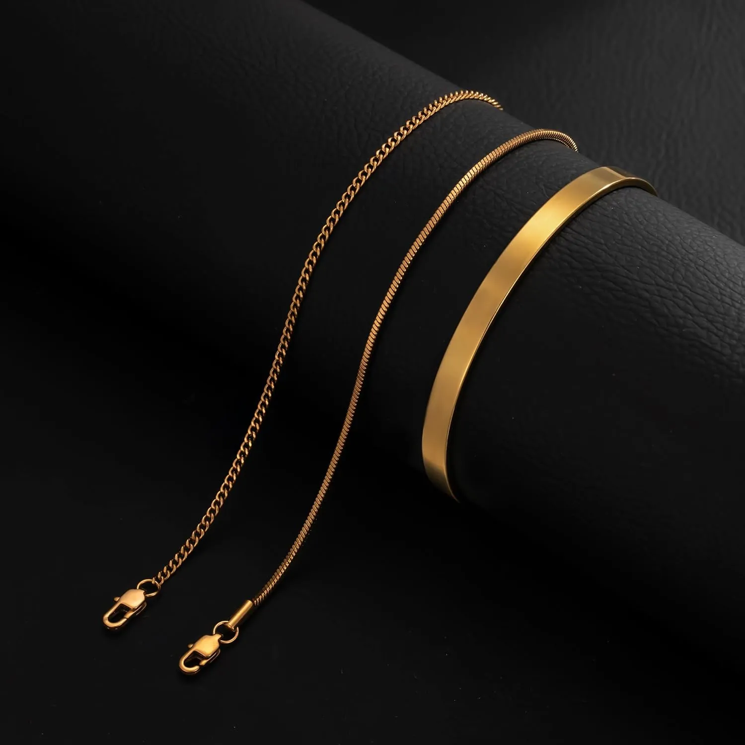 3 Pcs Cuff & Chain Bracelets Set for Men, Gold/Silver/Black Mens Stainless Steel Non Tarnish Bracelet 7-8.6 in Adjustable Box Chain Cuban Link Open Cuff Bracelets Stack for Mens Trendy Jewelry