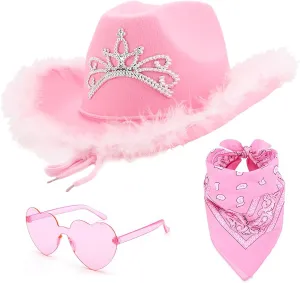 3 PCS Pink Cowgirl Cowboy Hat with Heart Sunglasses Bandana Pink Cowgirl Christmas Costume Accessories for Girls Women