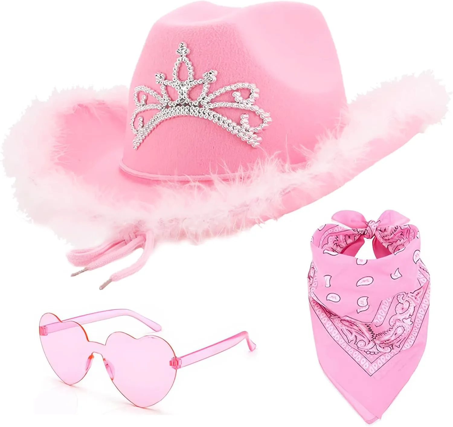 3 PCS Pink Cowgirl Cowboy Hat with Heart Sunglasses Bandana Pink Cowgirl Christmas Costume Accessories for Girls Women
