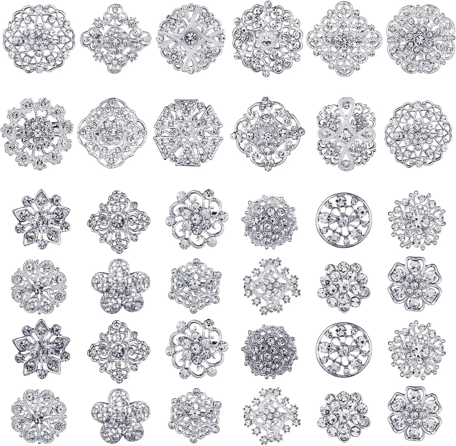 36 Pieces Clear Rhinestone Brooches for Crafts Crystal Flower Brooch Pins with Rhinestones Sliver Bulk Brooches Jewelry for Woman Flower Lapel Badge Pins DIY Wedding Bouquet Broaches Kit