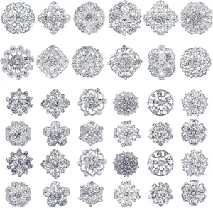 36 Pieces Clear Rhinestone Brooches for Crafts Crystal Flower Brooch Pins with Rhinestones Sliver Bulk Brooches Jewelry for Woman Flower Lapel Badge Pins DIY Wedding Bouquet Broaches Kit