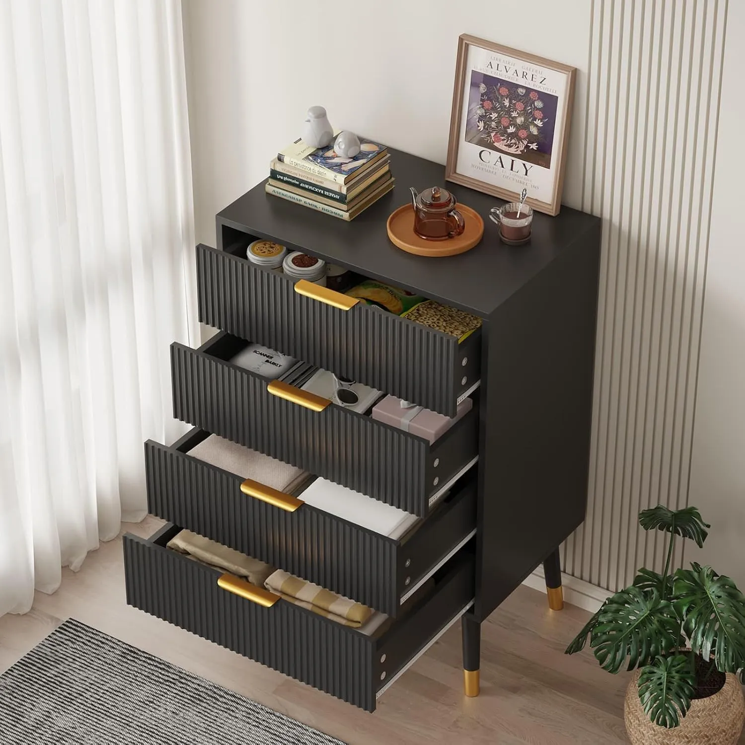 4 Drawer Dresser With Storage, 35"x 23.6"x 15.4"Chest of Drawers With Metal Handles, Modern Minimalist Nightstand With Metal Legs, Organizer Cabinet for Living Room, Bedroom, Hallway(Black)