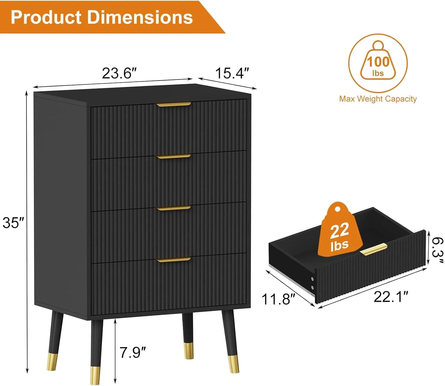 4 Drawer Dresser With Storage, 35"x 23.6"x 15.4"Chest of Drawers With Metal Handles, Modern Minimalist Nightstand With Metal Legs, Organizer Cabinet for Living Room, Bedroom, Hallway(Black)