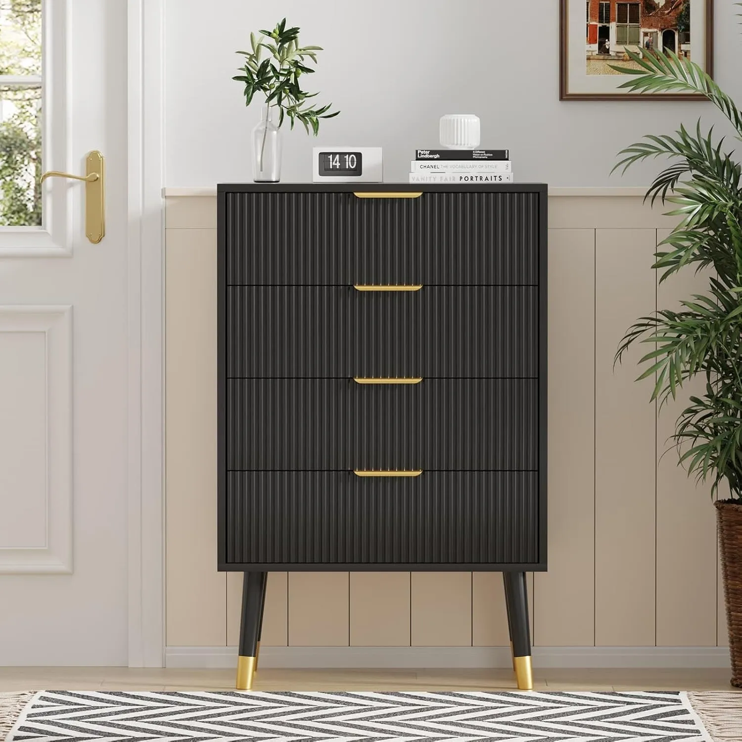 4 Drawer Dresser With Storage, 35"x 23.6"x 15.4"Chest of Drawers With Metal Handles, Modern Minimalist Nightstand With Metal Legs, Organizer Cabinet for Living Room, Bedroom, Hallway(Black)