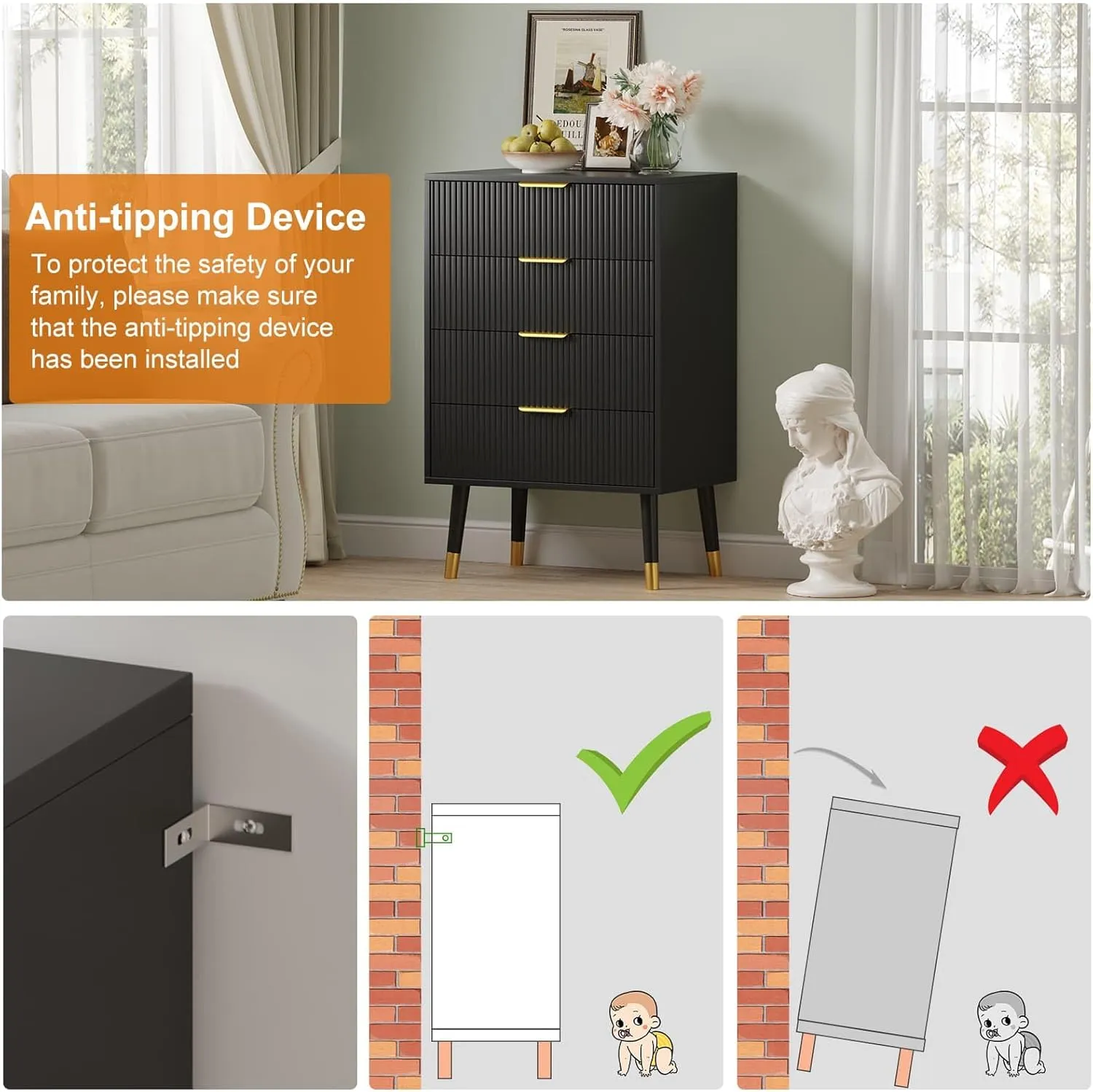 4 Drawer Dresser With Storage, 35"x 23.6"x 15.4"Chest of Drawers With Metal Handles, Modern Minimalist Nightstand With Metal Legs, Organizer Cabinet for Living Room, Bedroom, Hallway(Black)