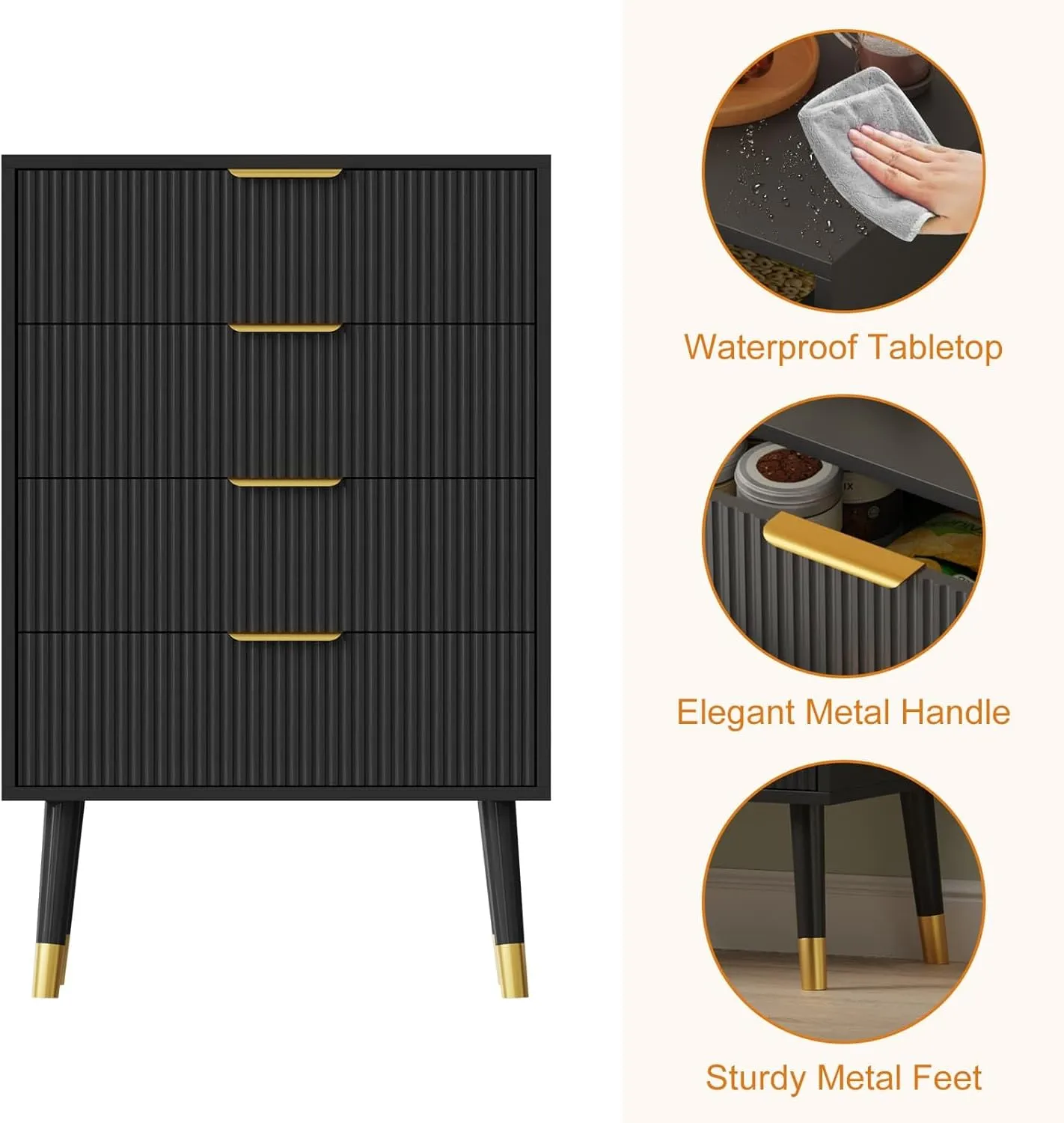 4 Drawer Dresser With Storage, 35"x 23.6"x 15.4"Chest of Drawers With Metal Handles, Modern Minimalist Nightstand With Metal Legs, Organizer Cabinet for Living Room, Bedroom, Hallway(Black)