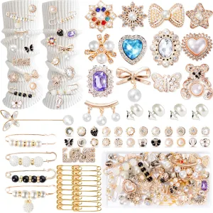65Pcs Charms for Socks Safety Pin Brooch junk socks charms Brooches and Pins for Women Junk Socks Charms Pins Safety Pin Charms for Socks Pearl Rhinestone Brooch Pins Buttons Shoe Sock Charms Kit