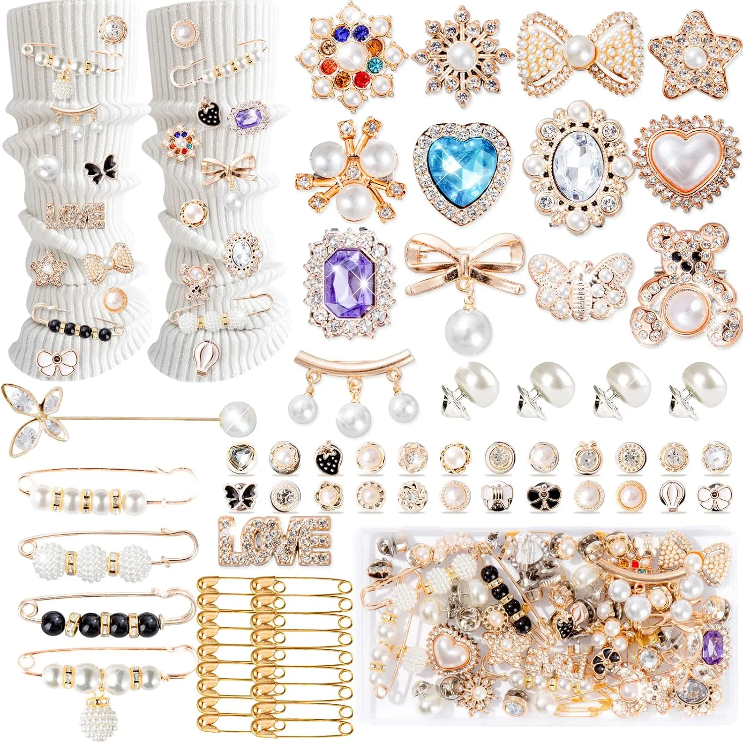 65Pcs Charms for Socks Safety Pin Brooch junk socks charms Brooches and Pins for Women Junk Socks Charms Pins Safety Pin Charms for Socks Pearl Rhinestone Brooch Pins Buttons Shoe Sock Charms Kit