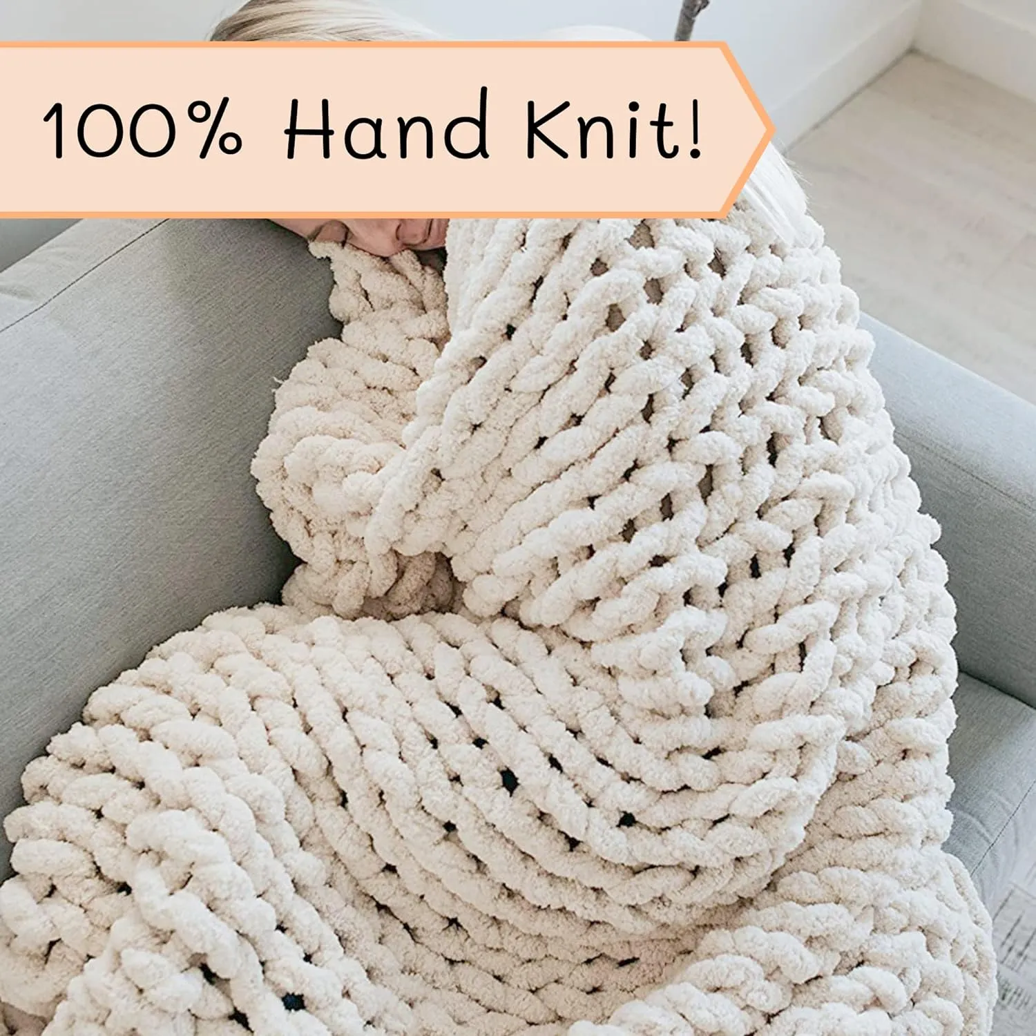 Adyrescia Chunky Knit Blanket Throw | 100% Hand Knit with Jumbo Chenille Yarn (60"x80", Cream White)