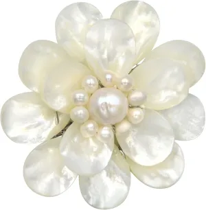 AeraVida Pure Lotus White Mother of Pearl & Cultured Freshwater White Pearl Floral Pin or Brooch (60 mm)