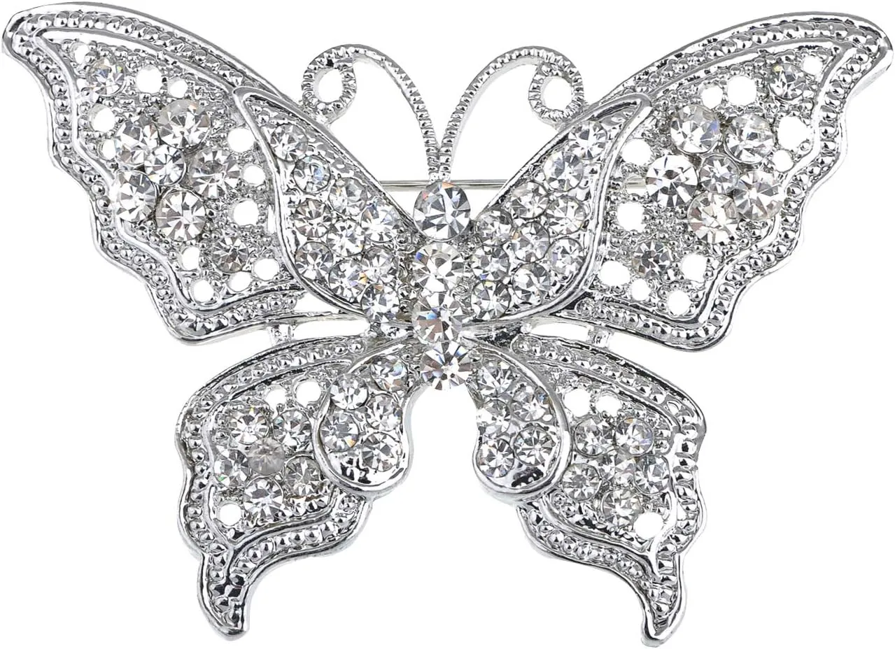 Alilang Clear Crystal Rhinestone Filigree Butterfly Brooch Pin - Pink or White Tone