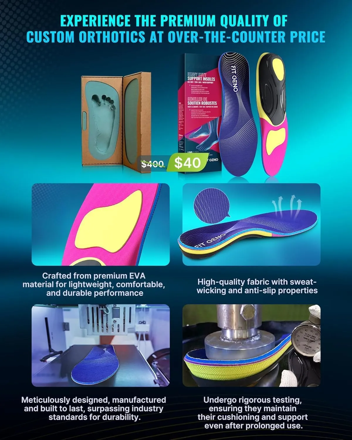 Arch Support Plantar Fasciitis Insoles: Fit Geno Orthotics Inserts for High Arch Pain Relief  Heavy Duty Shoe Inserts for Women & Men 220lbs   for Work Boots & Sneakers (Women's 10-11 / Men's 8-9)
