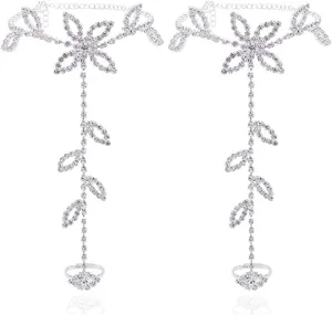 Asphire Elegant Sparkling Rhinestone Barefoot Sandals 2Pcs Bridal Beach Wedding Toe Ring Foot Chain Anklet Party Foot Slave Bracelet Accessories for Women (Silver E)