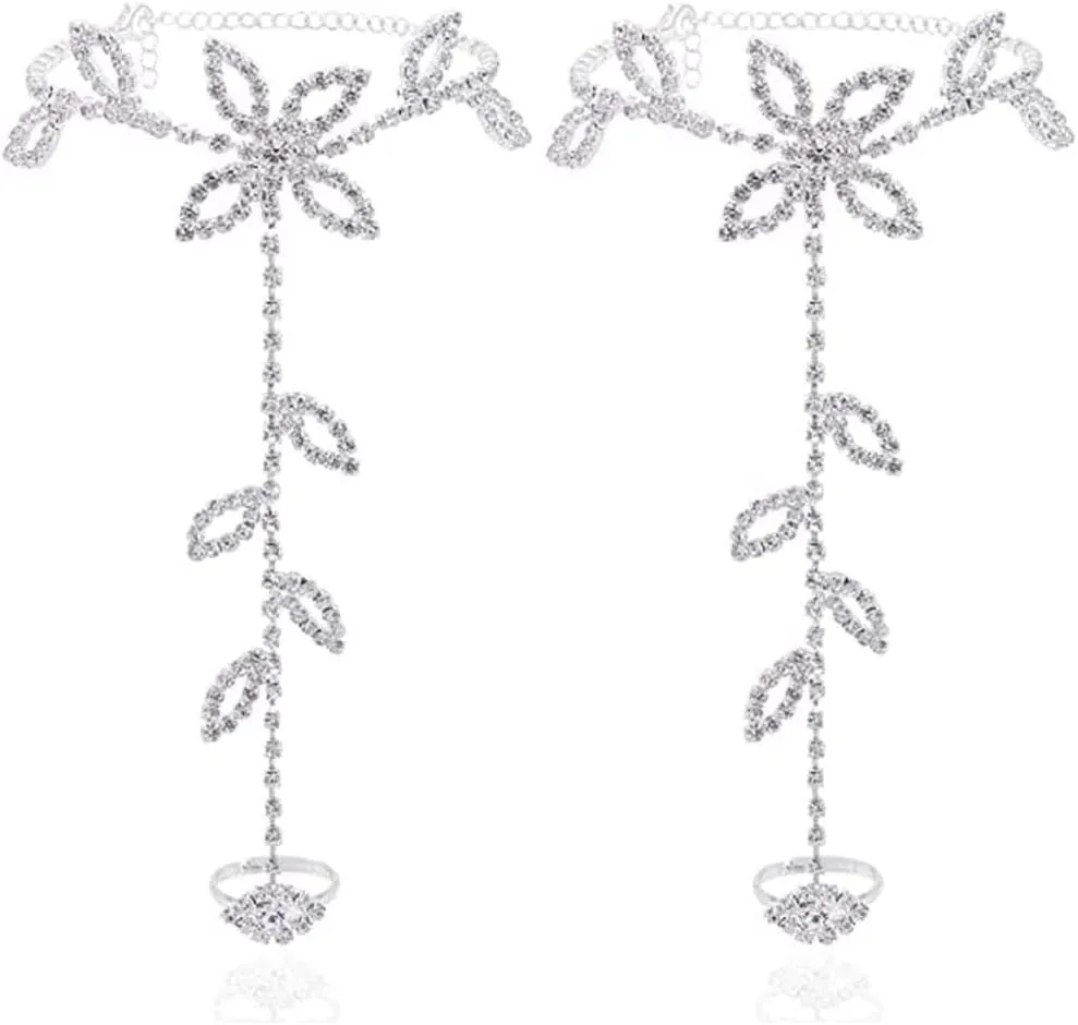Asphire Elegant Sparkling Rhinestone Barefoot Sandals 2Pcs Bridal Beach Wedding Toe Ring Foot Chain Anklet Party Foot Slave Bracelet Accessories for Women (Silver E)