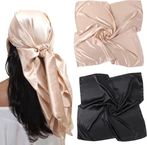 AWAYTR 35 Large Satin Square Head Scarf - 2Pcs Silk Like Floral Head Scarves Square Satin Hair Scarf Bandanas for Women