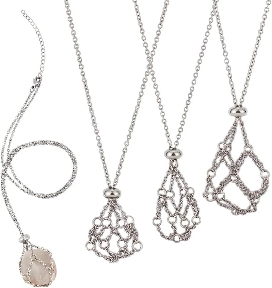 Beebeecraft 1 Box 3Pcs 3 Styles Crystal Necklace Holder Bulk 304 Stainless Steel Adjustable Empty Stone Cage Necklaces Gemstone Jewelry Metal Empty Pendant Net for Women Men Jewelry DIY Accessories
