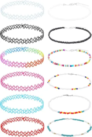 BodyJ4You 12PC Tattoo Choker Necklace - 90s Accessories 2000s Jewelry Y2K Fashion Vintage Trendy - Pink Blue Green Colorful Rainbow Goth Black - Stretchy Elastic Necklace