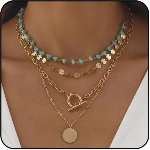 Boho Necklaces for Women Layered Turquoise Beaded Choker Necklace Western Jewelry for Women Sequin Coin Necklace Country Necklace Bohemian Boho Jewelry for Women Western Necklaces Summer Beach Necklace