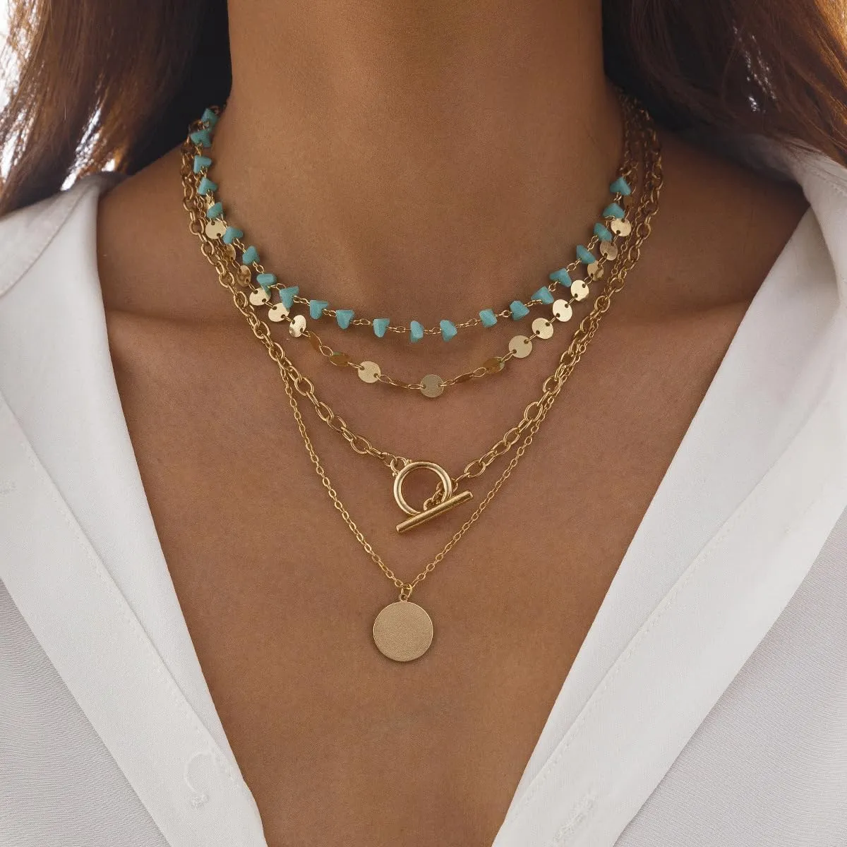 Boho Necklaces for Women Layered Turquoise Beaded Choker Necklace Western Jewelry for Women Sequin Coin Necklace Country Necklace Bohemian Boho Jewelry for Women Western Necklaces Summer Beach Necklace
