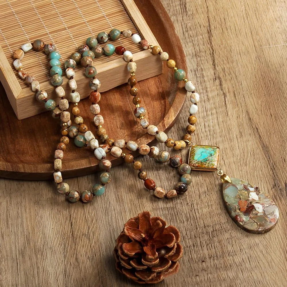 Boho Necklaces for Women Men Long,33/34/35 Inch Natural Jasper Agate Tiger Eye Beaded Stone Pendant Necklaces for Women Trendy,Handmade Bohemian Western Bead Necklace Fashion Charm Jewelry Gift