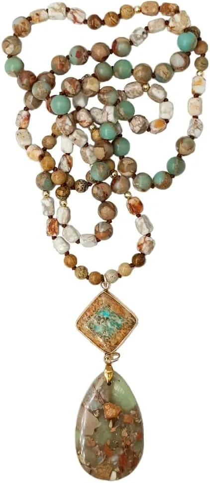 Boho Necklaces for Women Men Long,33/34/35 Inch Natural Jasper Agate Tiger Eye Beaded Stone Pendant Necklaces for Women Trendy,Handmade Bohemian Western Bead Necklace Fashion Charm Jewelry Gift