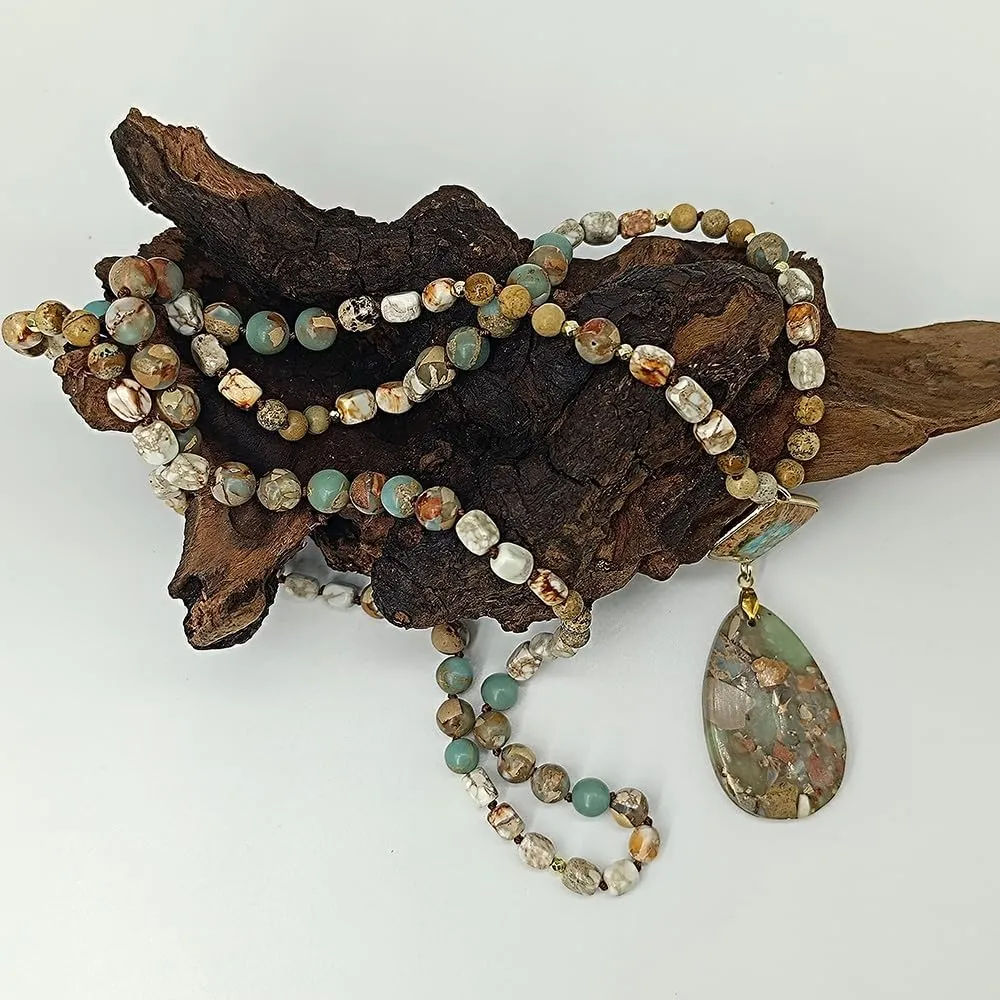 Boho Necklaces for Women Men Long,33/34/35 Inch Natural Jasper Agate Tiger Eye Beaded Stone Pendant Necklaces for Women Trendy,Handmade Bohemian Western Bead Necklace Fashion Charm Jewelry Gift