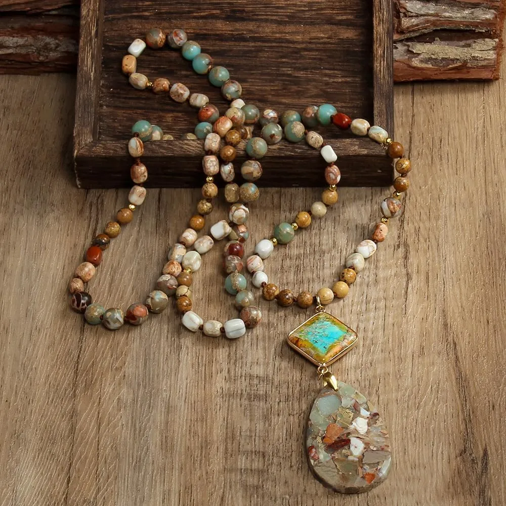 Boho Necklaces for Women Men Long,33/34/35 Inch Natural Jasper Agate Tiger Eye Beaded Stone Pendant Necklaces for Women Trendy,Handmade Bohemian Western Bead Necklace Fashion Charm Jewelry Gift