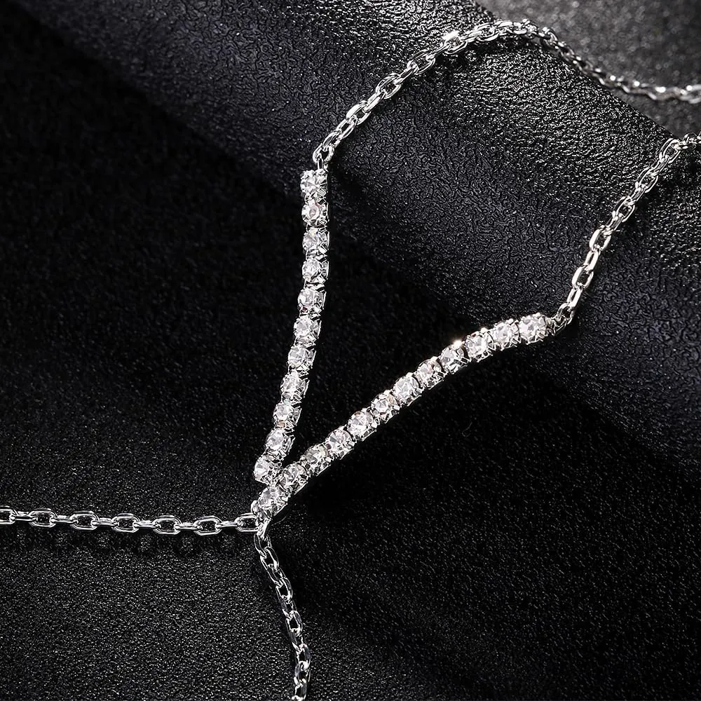 Boho Wrist Layered Finger Bracelet Ring Hand Chain Silver Crystal Ring Bracelet Non Tarnish v Shape Slave Harness