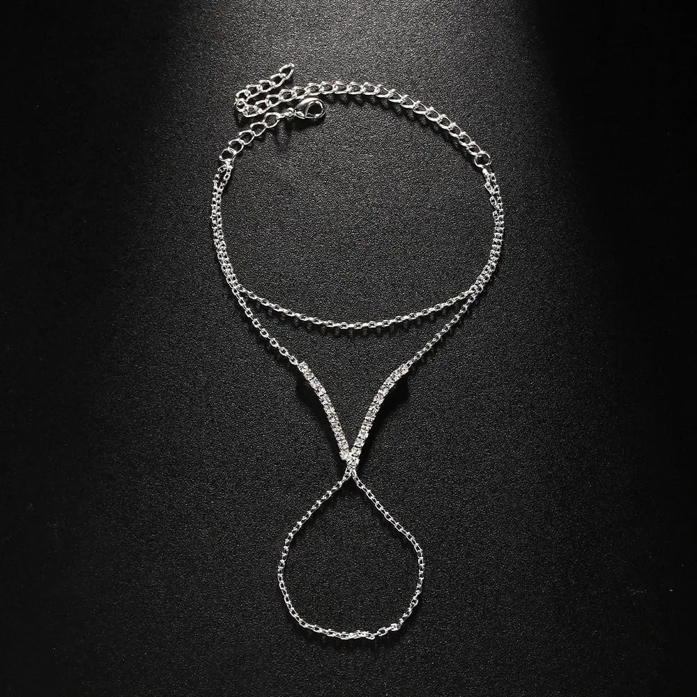 Boho Wrist Layered Finger Bracelet Ring Hand Chain Silver Crystal Ring Bracelet Non Tarnish v Shape Slave Harness