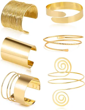 BOMAIL 6 Pieces Arm Cuff Bracelet Set - Minimalist Simple Swirl Open Wide Wire Upper Arm Band Bracelets for Women - Adjustable Bangle