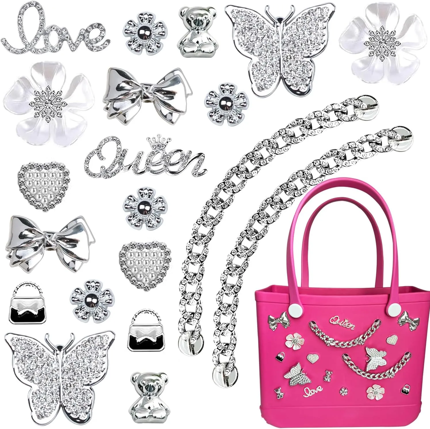 Charms for Bogg Bag,Pearls,Butterfly Flowers and Chain for Bogg Bag Accessories Charms(20 pcs)