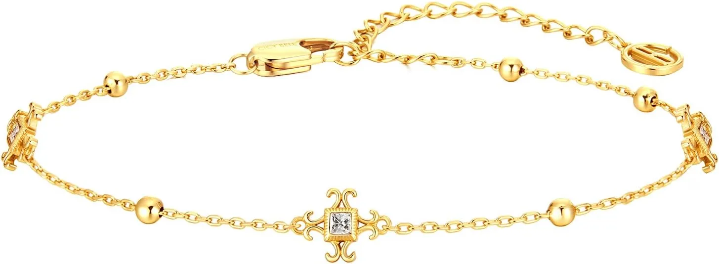 Cicy Bell Womens 18k Gold Plated White Shell Cubic Zirconia Square Cross Adjustable Chain Link Bracelets 6.69" with 2" Extender