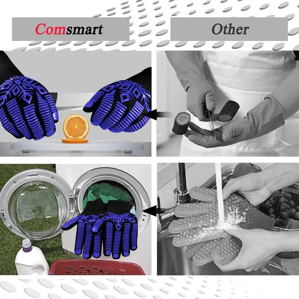 Comsmart BBQ Gloves, Heat Resistant Gloves, Silicone Non-Slip Grill Gloves, Fireproof Oven Gloves BBQ Grill Accessories for Grilling, Barbecue, Cooking, Baking, Blue