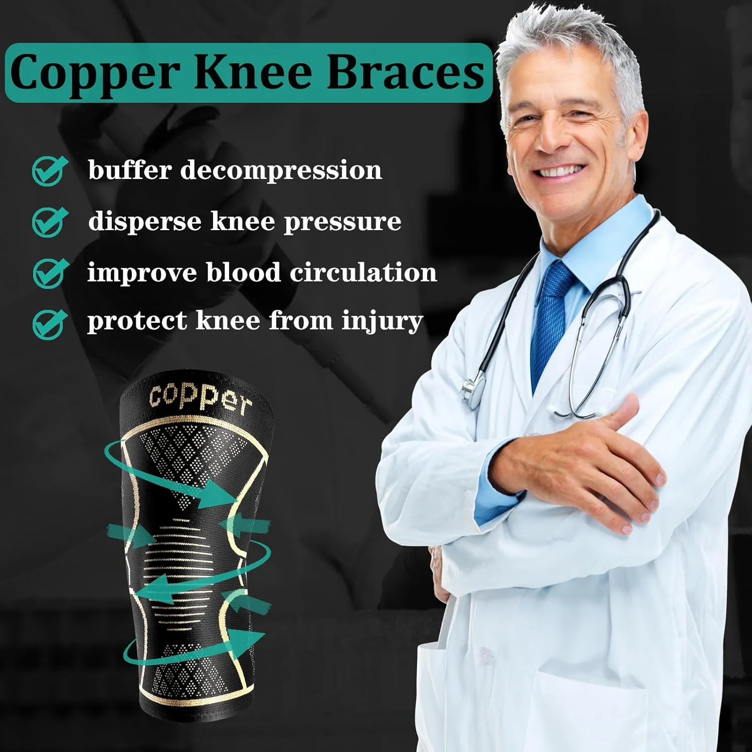 Copper Knee Braces for Women and Men 2 Pack, Knee Compression Sleeve for Knee Pain, Arthritis,ACL, Meniscus Tear, Joint Pain Relief, Knee Support for Running, Working Out, Fitness, Weightlifting-M