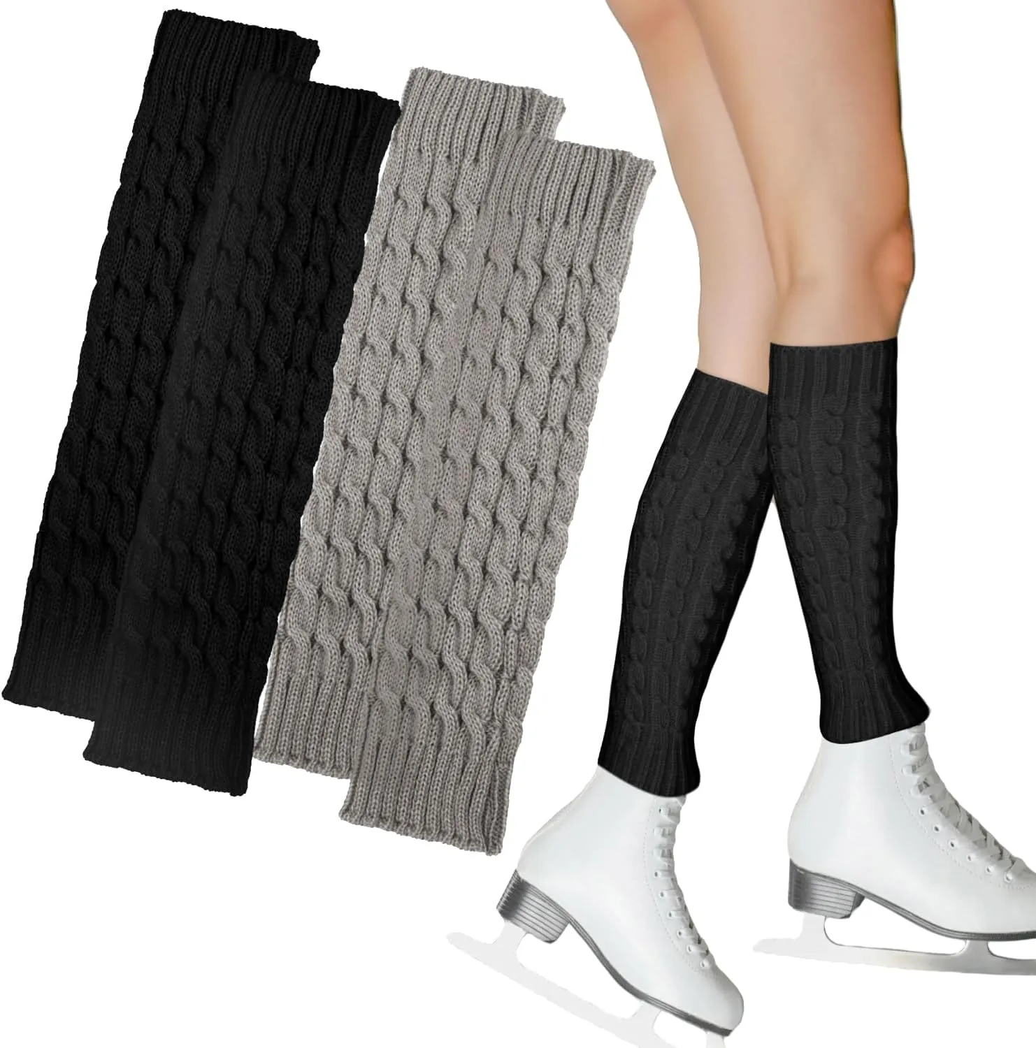 Cosmos 2 Pairs Ice Skating Leg Warmers Calf Socks Fashion Stretch Knitted Leg Warmers Figure Skating Leg Warmer for Women Skating Long Boot Wear (Black & Gray)