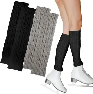 Cosmos 2 Pairs Ice Skating Leg Warmers Calf Socks Fashion Stretch Knitted Leg Warmers Figure Skating Leg Warmer for Women Skating Long Boot Wear (Black & Gray)